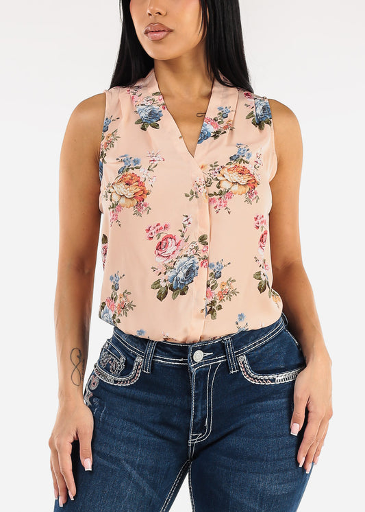 Sleeveless Vneck Floral Chiffon Blouse Blush