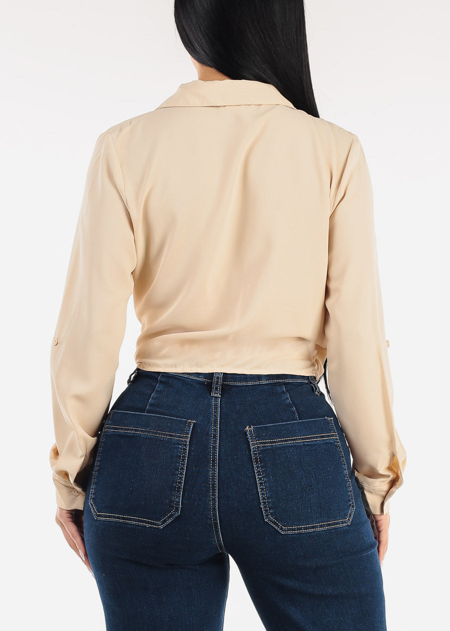 Long Sleeve Surplice Blouse Beige w Tie Front