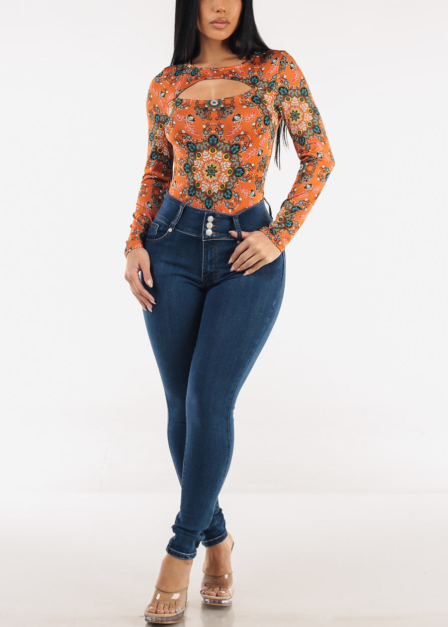 Long Sleeve Floral Stretch Thong Bodysuit Rust