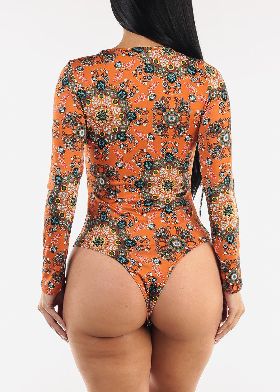 Long Sleeve Floral Stretch Thong Bodysuit Rust