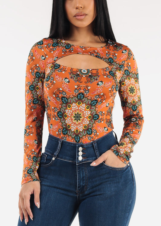 Long Sleeve Floral Stretch Thong Bodysuit Rust