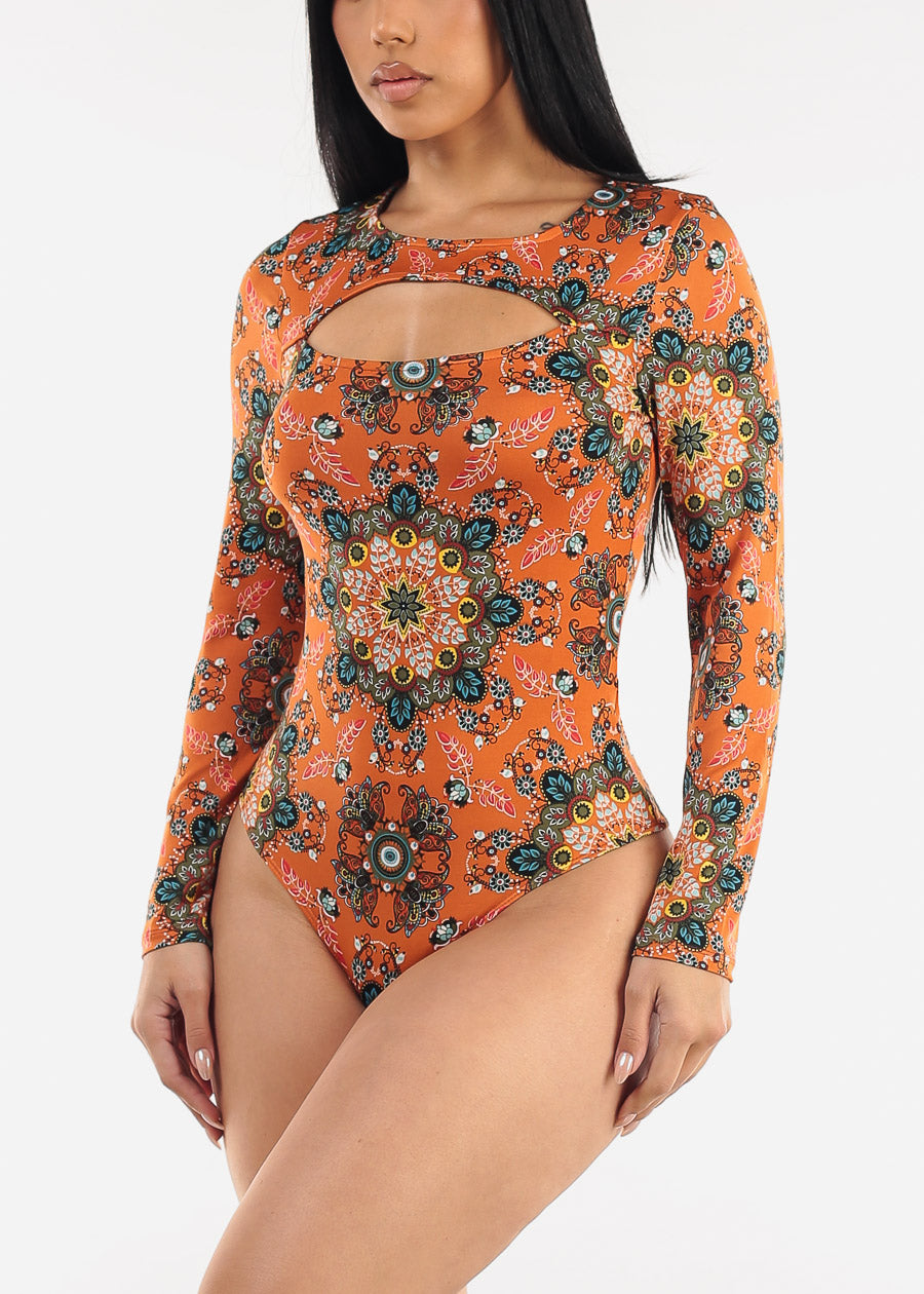 Long Sleeve Floral Stretch Thong Bodysuit Rust