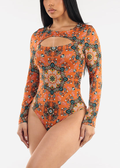 Long Sleeve Floral Stretch Thong Bodysuit Rust