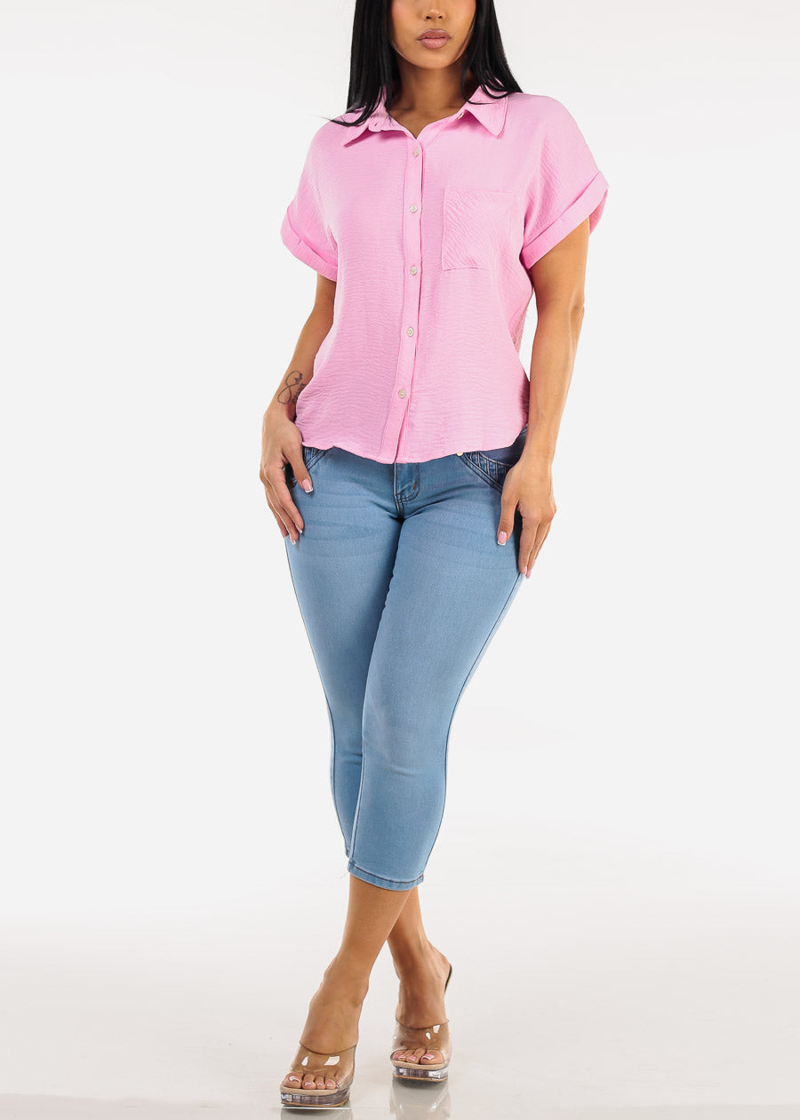 Short Sleeve Button Down Lightweight Blouse Pink