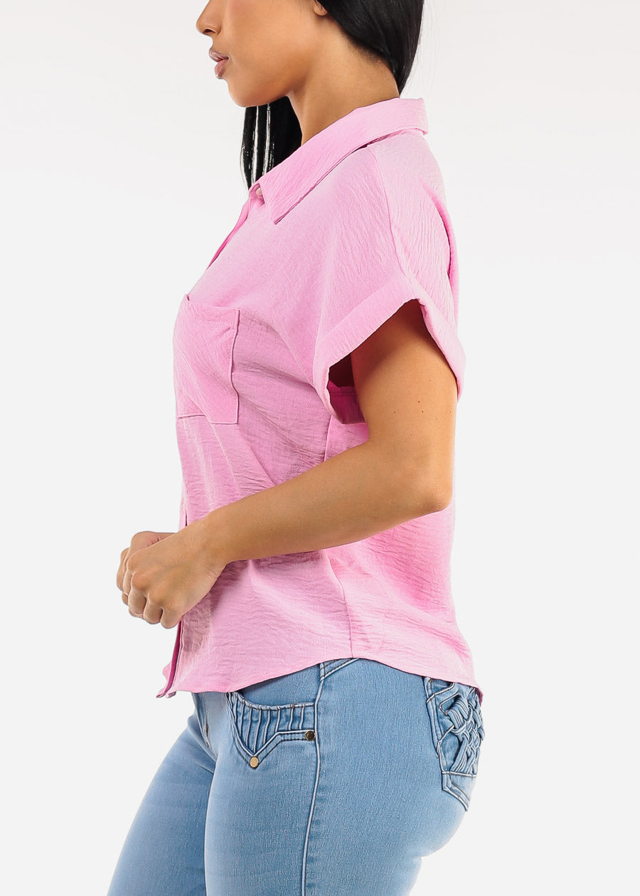 Short Sleeve Button Down Lightweight Blouse Pink