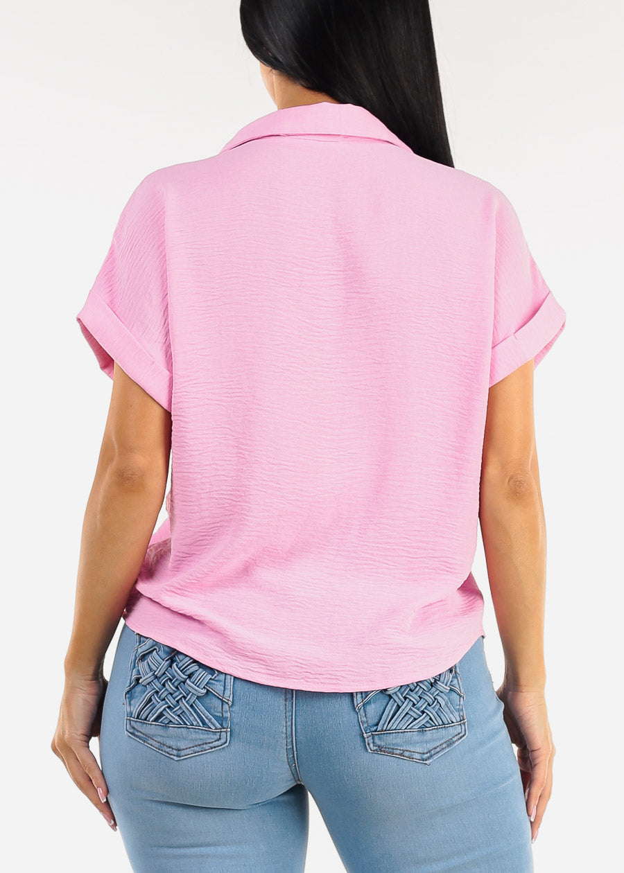 Short Sleeve Button Down Lightweight Blouse Pink
