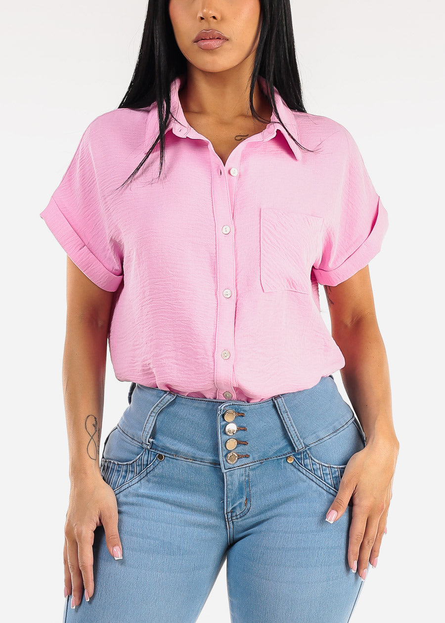Short Sleeve Button Down Lightweight Blouse Pink