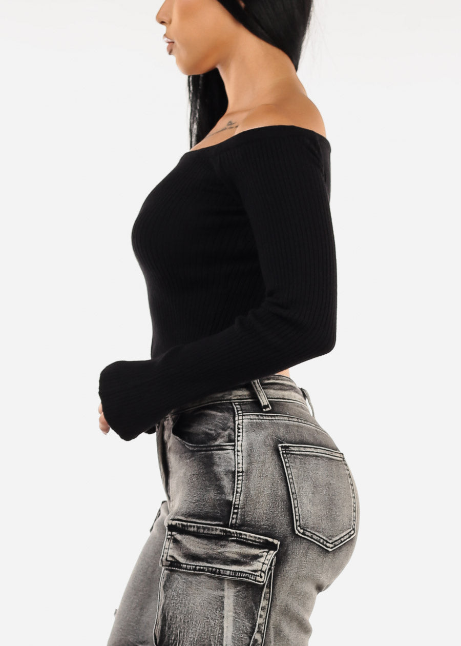 Off Shoulder Long Sleeve Black Cropped Sweater