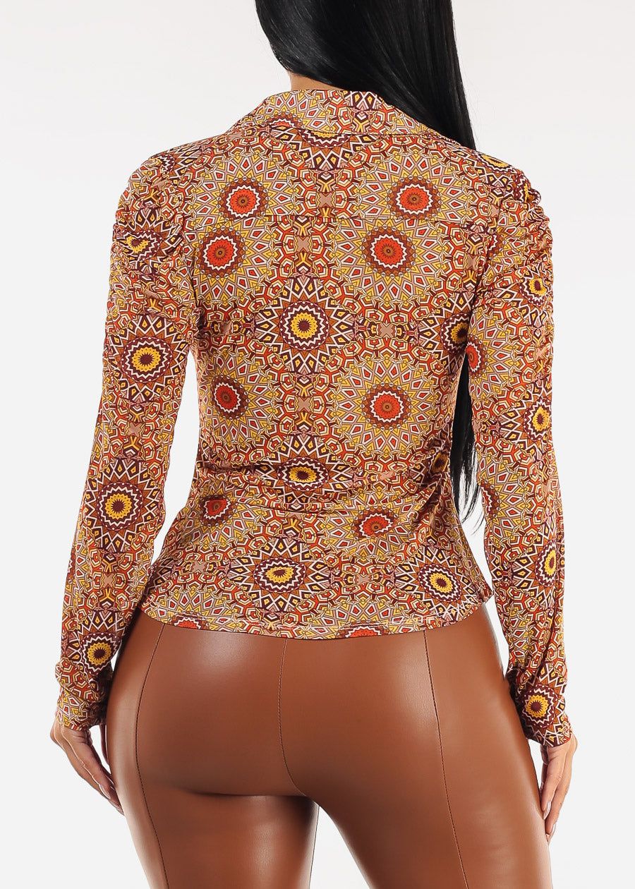 Ruched Long Sleeve Button Up Printed Mesh Blouse Orange