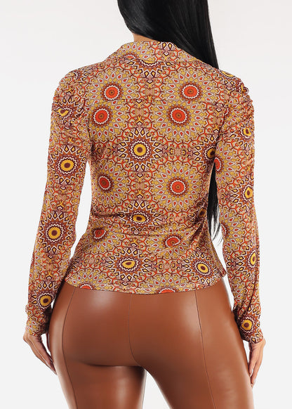 Ruched Long Sleeve Button Up Printed Mesh Blouse Orange