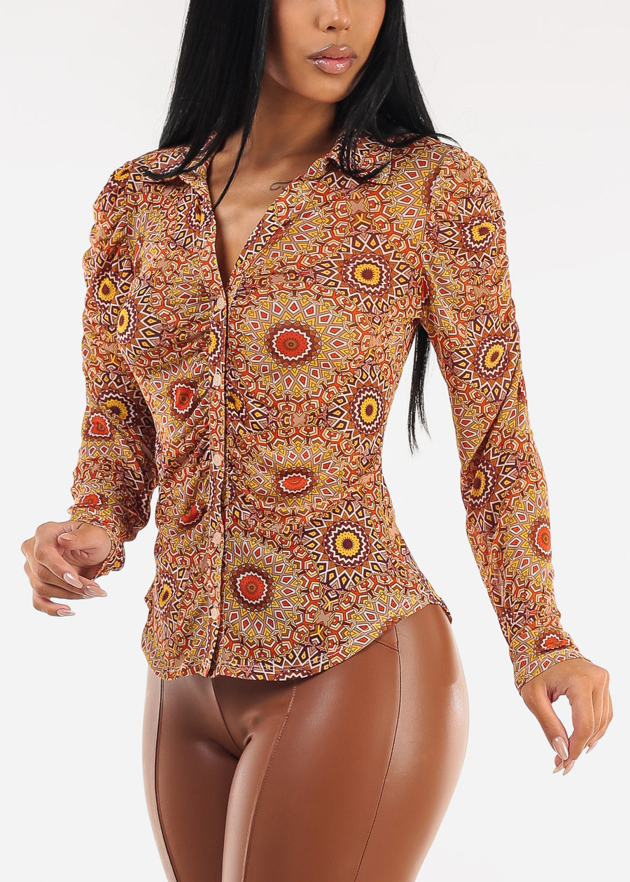 Ruched Long Sleeve Button Up Printed Mesh Blouse Orange