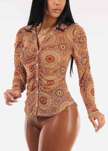 Ruched Long Sleeve Button Up Printed Mesh Blouse Orange
