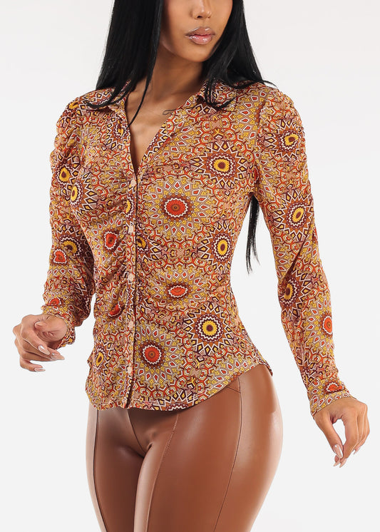 Ruched Long Sleeve Button Up Printed Mesh Blouse Orange