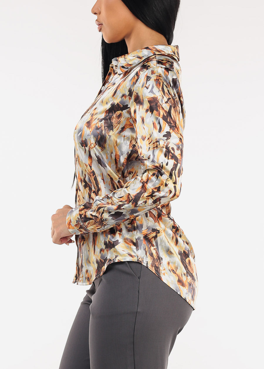 Long Sleeve Button Down Satin Printed Blouse Gold