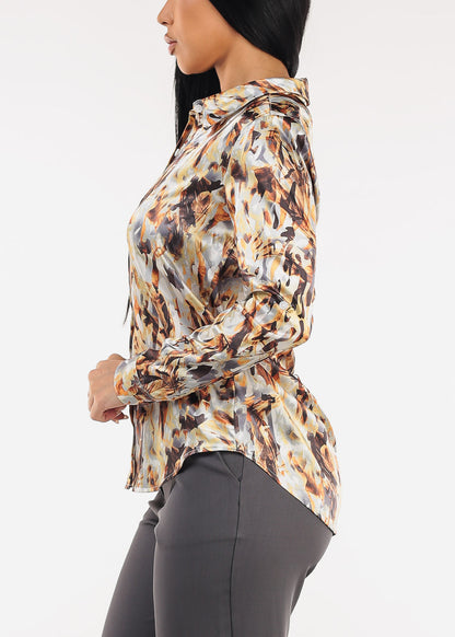 Long Sleeve Button Down Satin Printed Blouse Gold