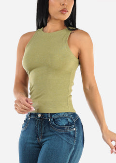 Fitted Crewneck Ribbed Tank Top Light Olive