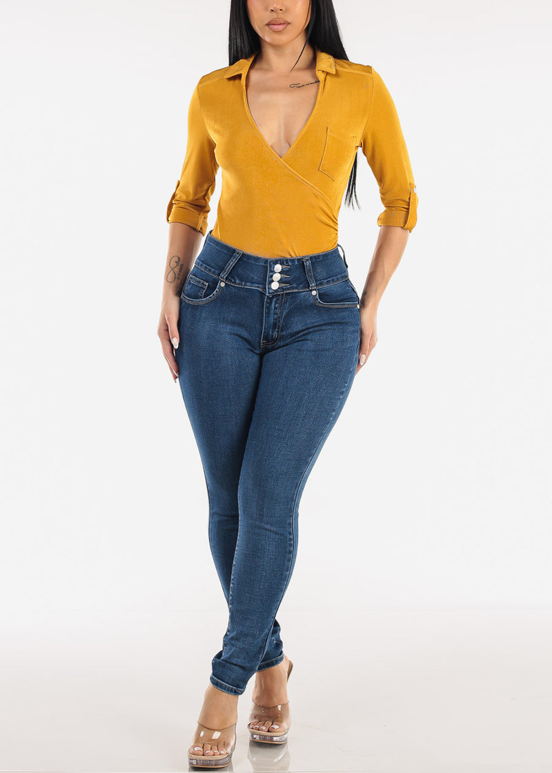 Quarter Sleeve Stretch Surplice Blouse Mustard