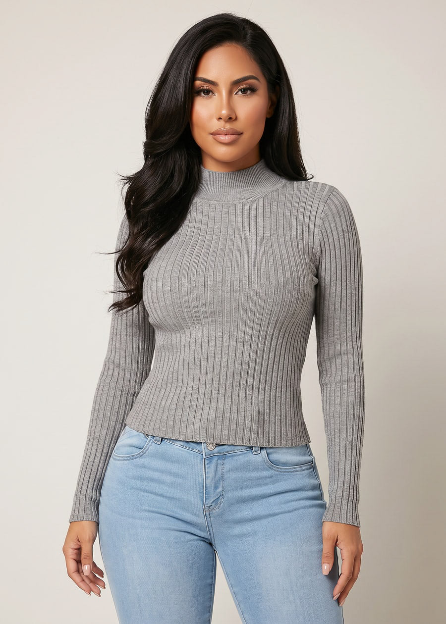 Ribbed Long Sleeve Mock Neck Sweater Grey, view 1 of 2