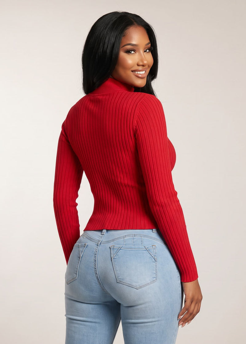 Ribbed Long Sleeve Mock Neck Sweater Red