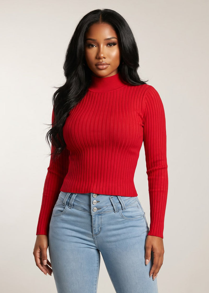 Ribbed Long Sleeve Mock Neck Sweater Red