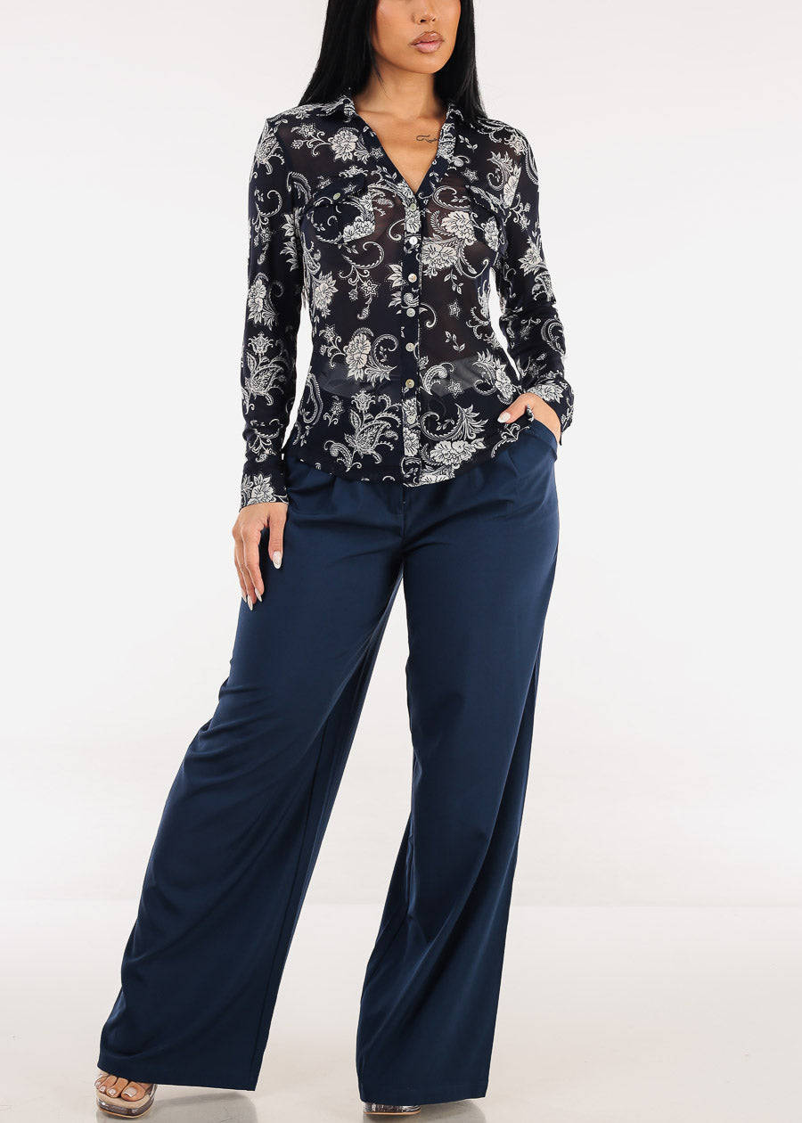 Long Sleeve Button Up Floral Mesh Blouse Navy