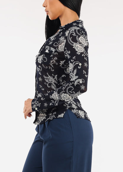 Long Sleeve Button Up Floral Mesh Blouse Navy