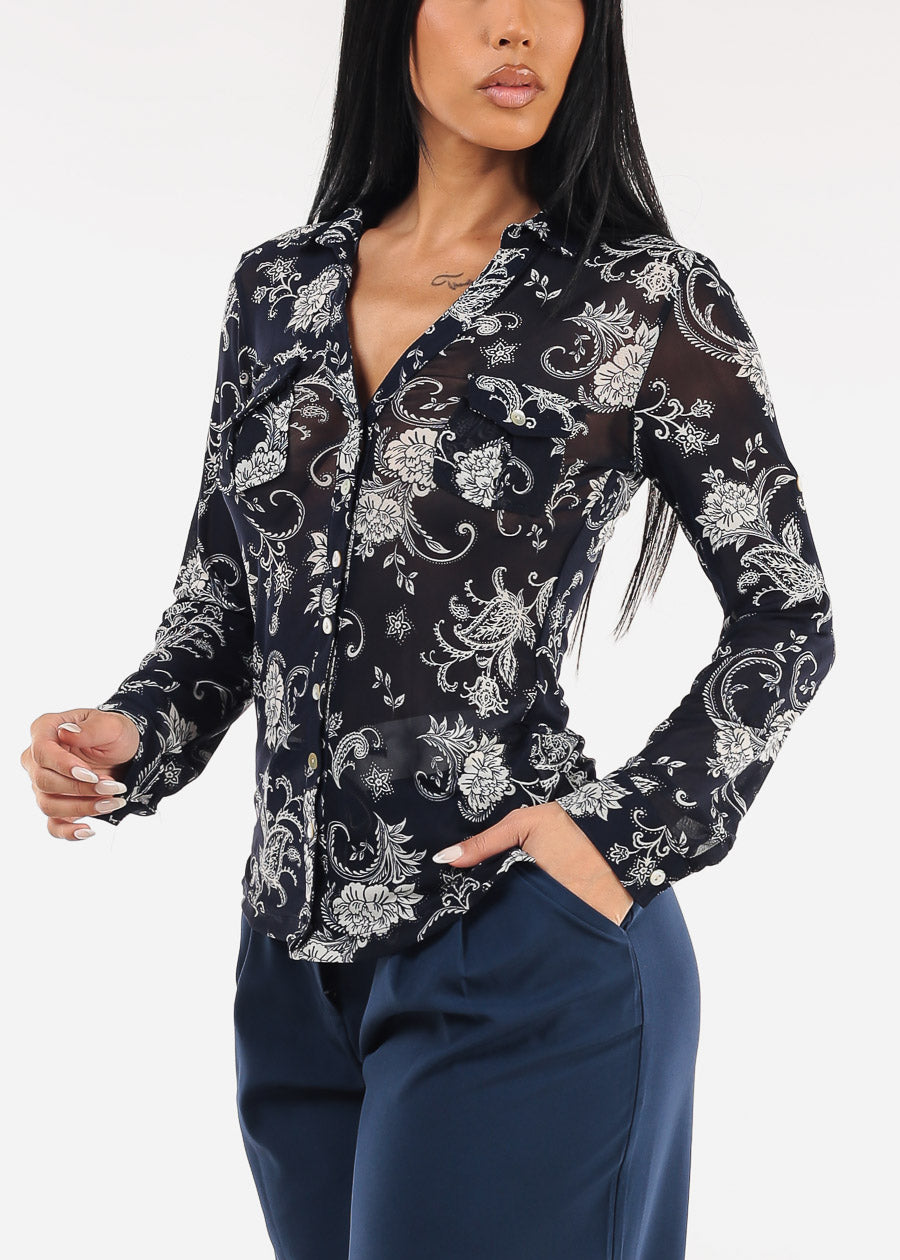 Long Sleeve Button Up Floral Mesh Blouse Navy