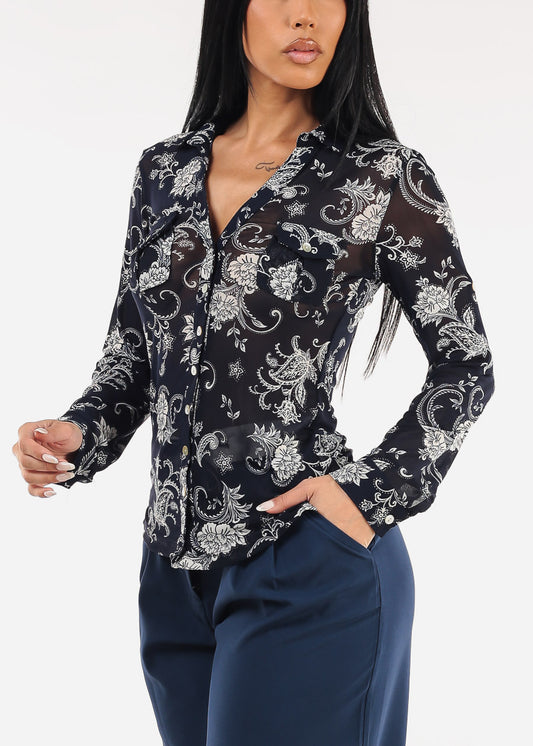 Long Sleeve Button Up Floral Mesh Blouse Navy