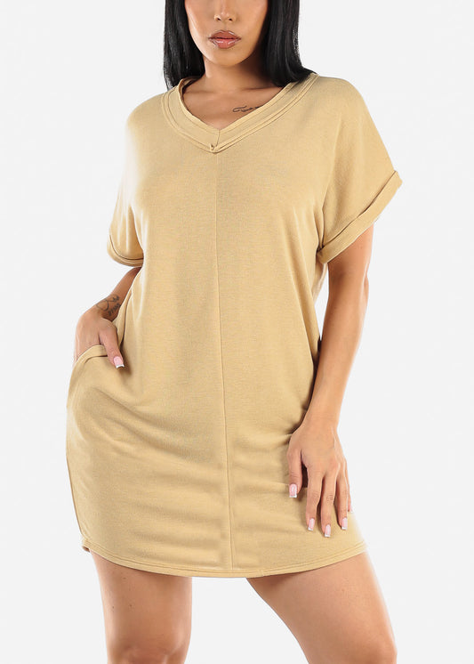 Short Sleeve Vneck Mini T-shirt Dress Mustard