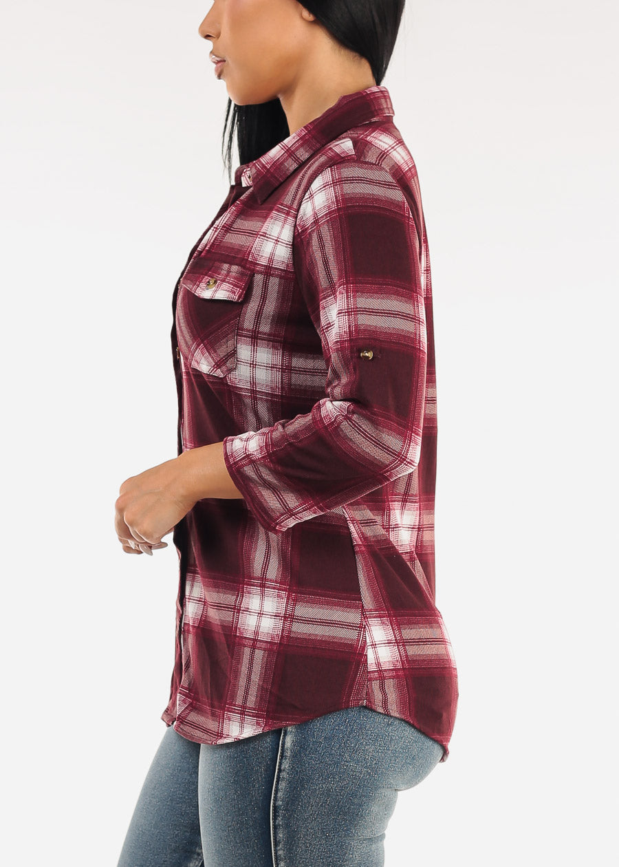 Stretch Long Sleeve Plaid Button Up Collared Blouse Burgundy & Ivory