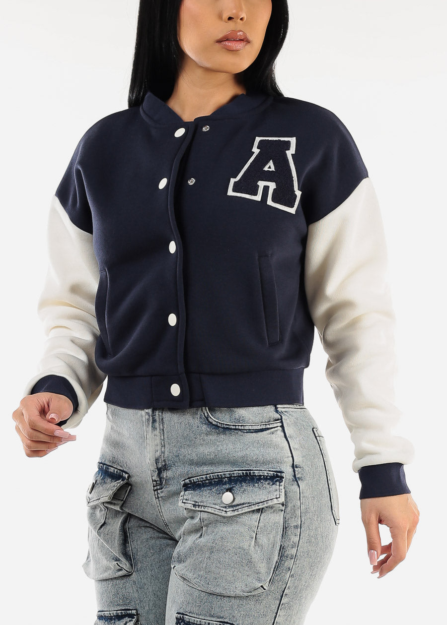 Long Sleeve Fleece Varsity Jacket Navy