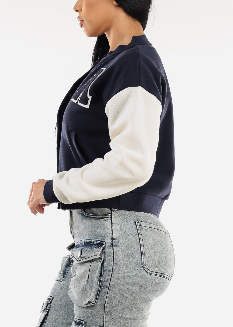 Long Sleeve Fleece Varsity Jacket Navy