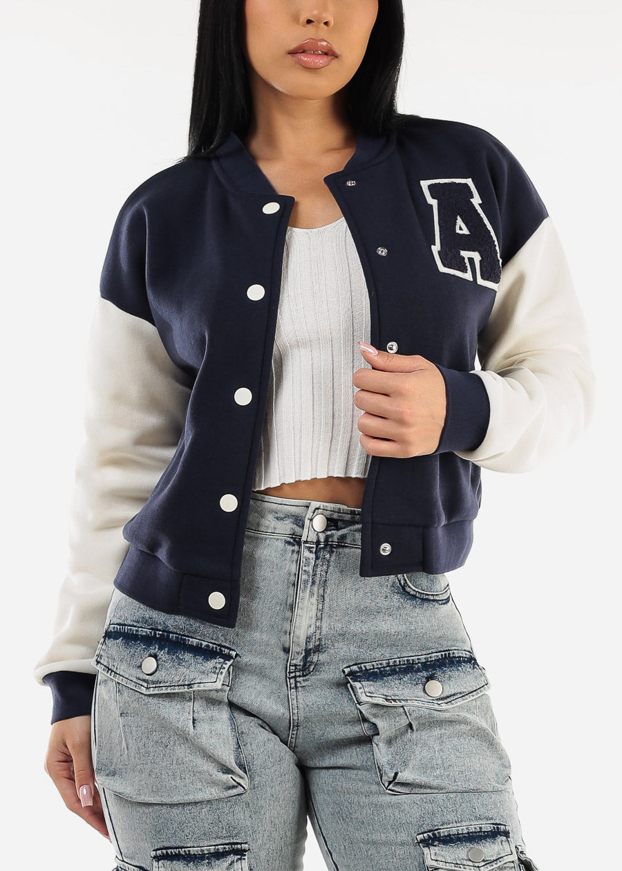 Long Sleeve Fleece Varsity Jacket Navy