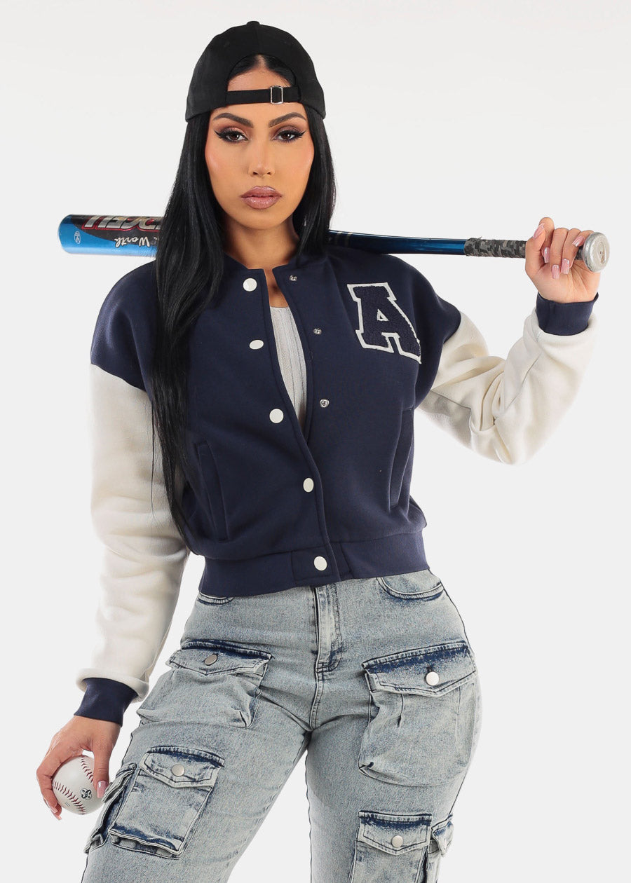 Long Sleeve Fleece Varsity Jacket Navy