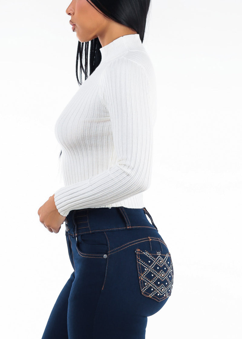 Ribbed Long Sleeve Mock Neck Sweater Off White