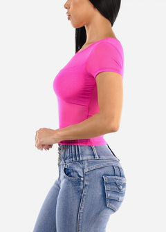 Fitted Short Sleeve Mesh Top Neon Fuchsia