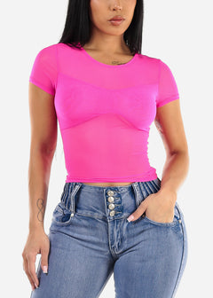 Fitted Short Sleeve Mesh Top Neon Fuchsia
