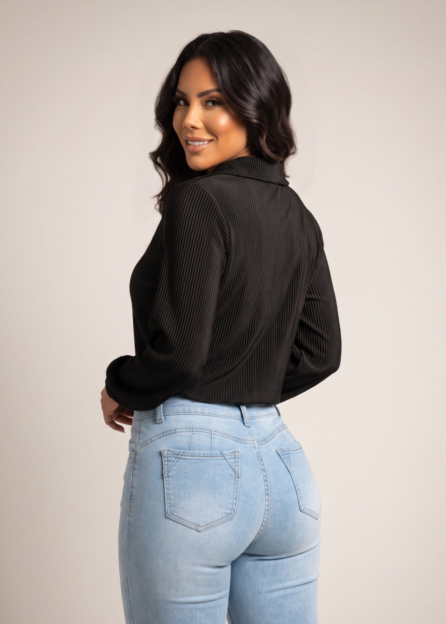 Long Sleeve Button Up Stretch Ribbed Blouse Black, view 2 of 2