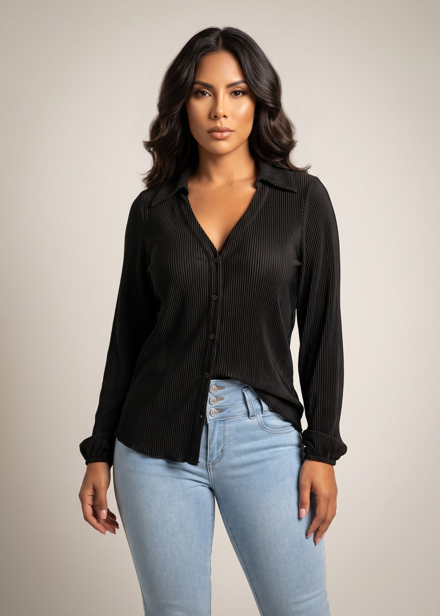 Long Sleeve Button Up Stretch Ribbed Blouse Black, view 1 of 2