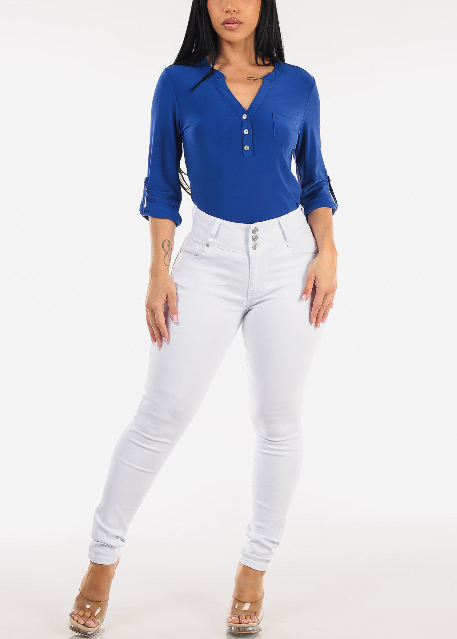 Long Sleeve Stretchy Henley Blouse Royal Blue