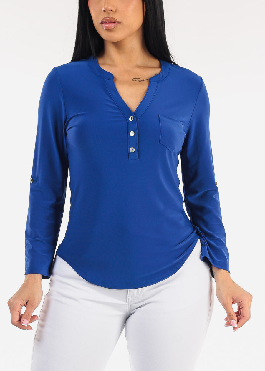 Long Sleeve Stretchy Henley Blouse Royal Blue