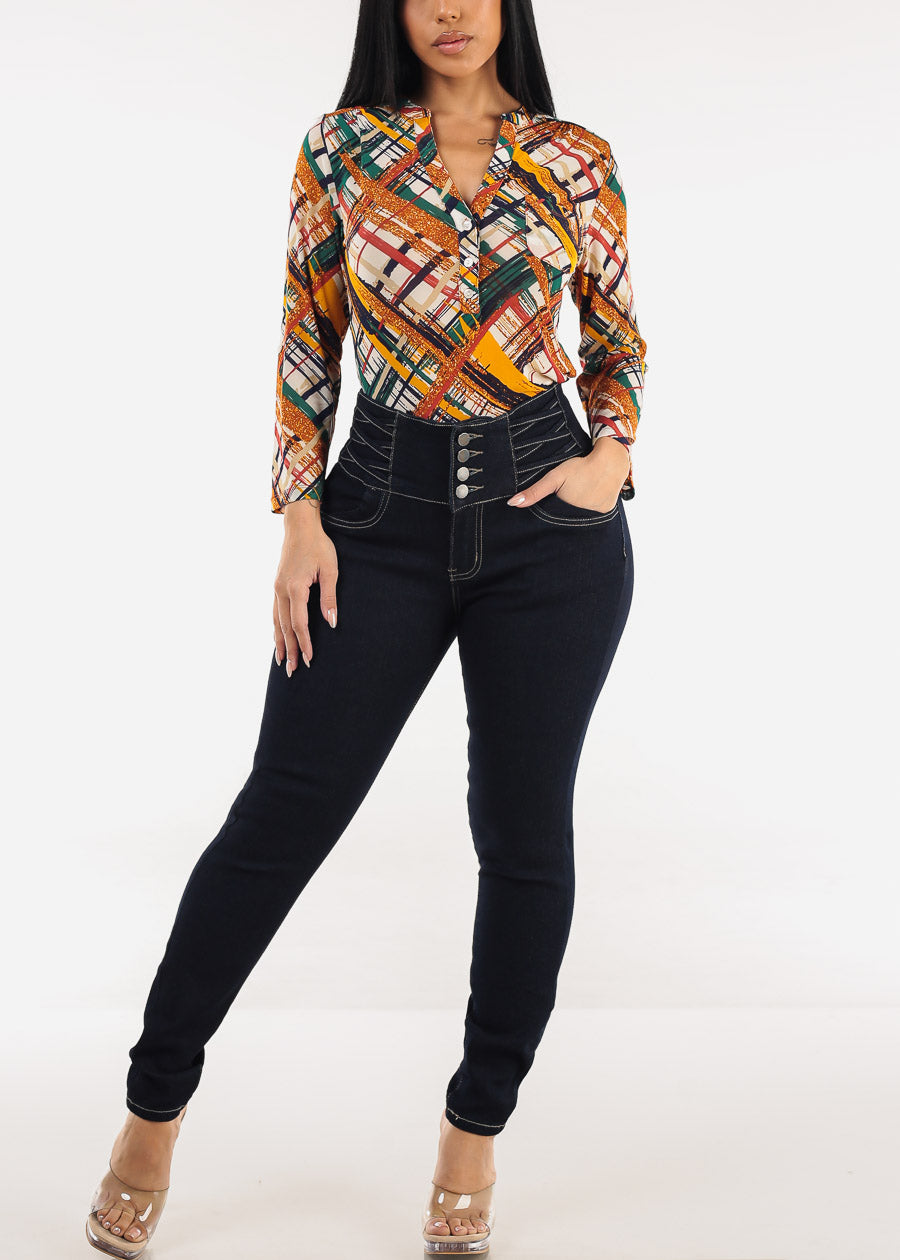 Three Quarter Half Button Up Mesh Printed Blouse Multicolor