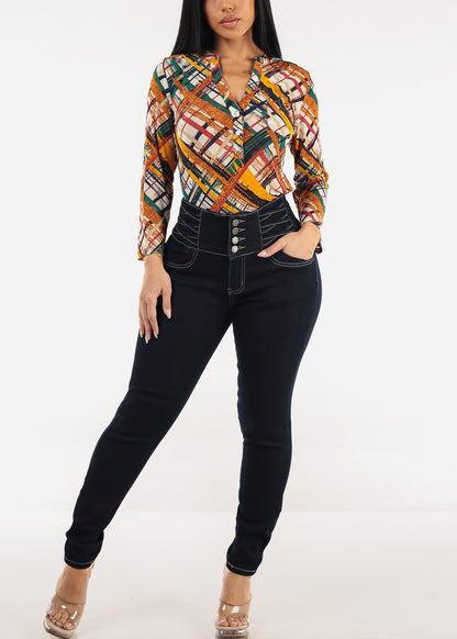 Three Quarter Half Button Up Mesh Printed Blouse Multicolor