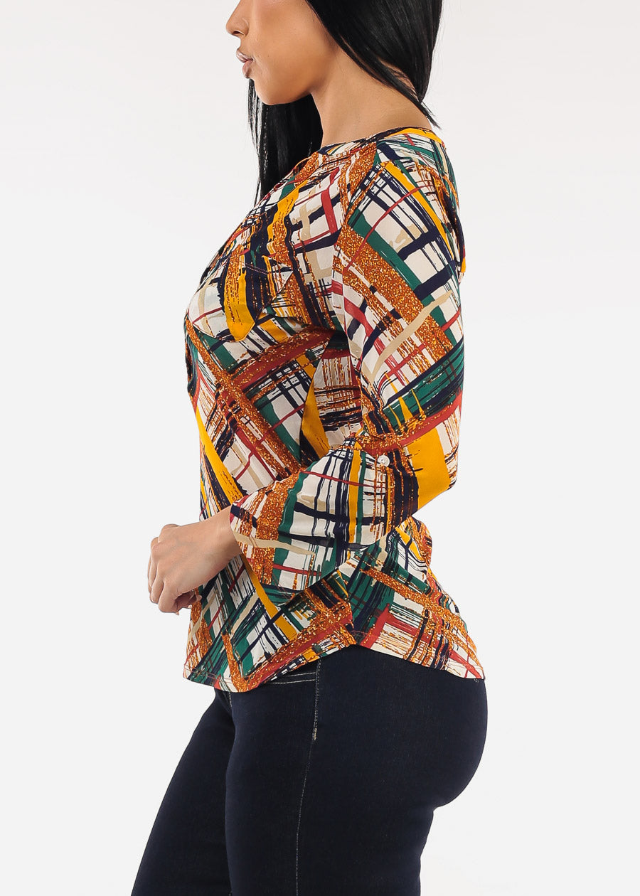 Three Quarter Half Button Up Mesh Printed Blouse Multicolor