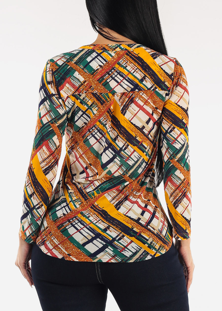 Three Quarter Half Button Up Mesh Printed Blouse Multicolor