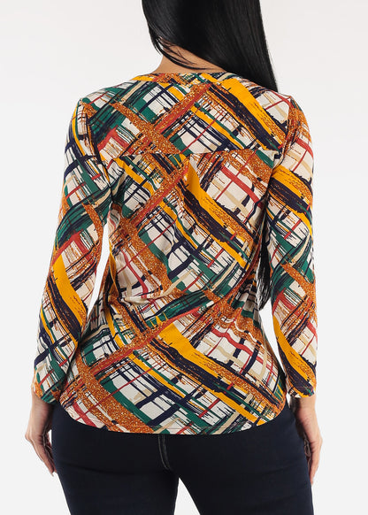 Three Quarter Half Button Up Mesh Printed Blouse Multicolor