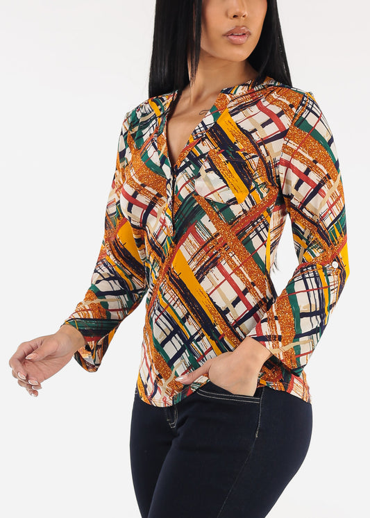 Three Quarter Half Button Up Mesh Printed Blouse Multicolor