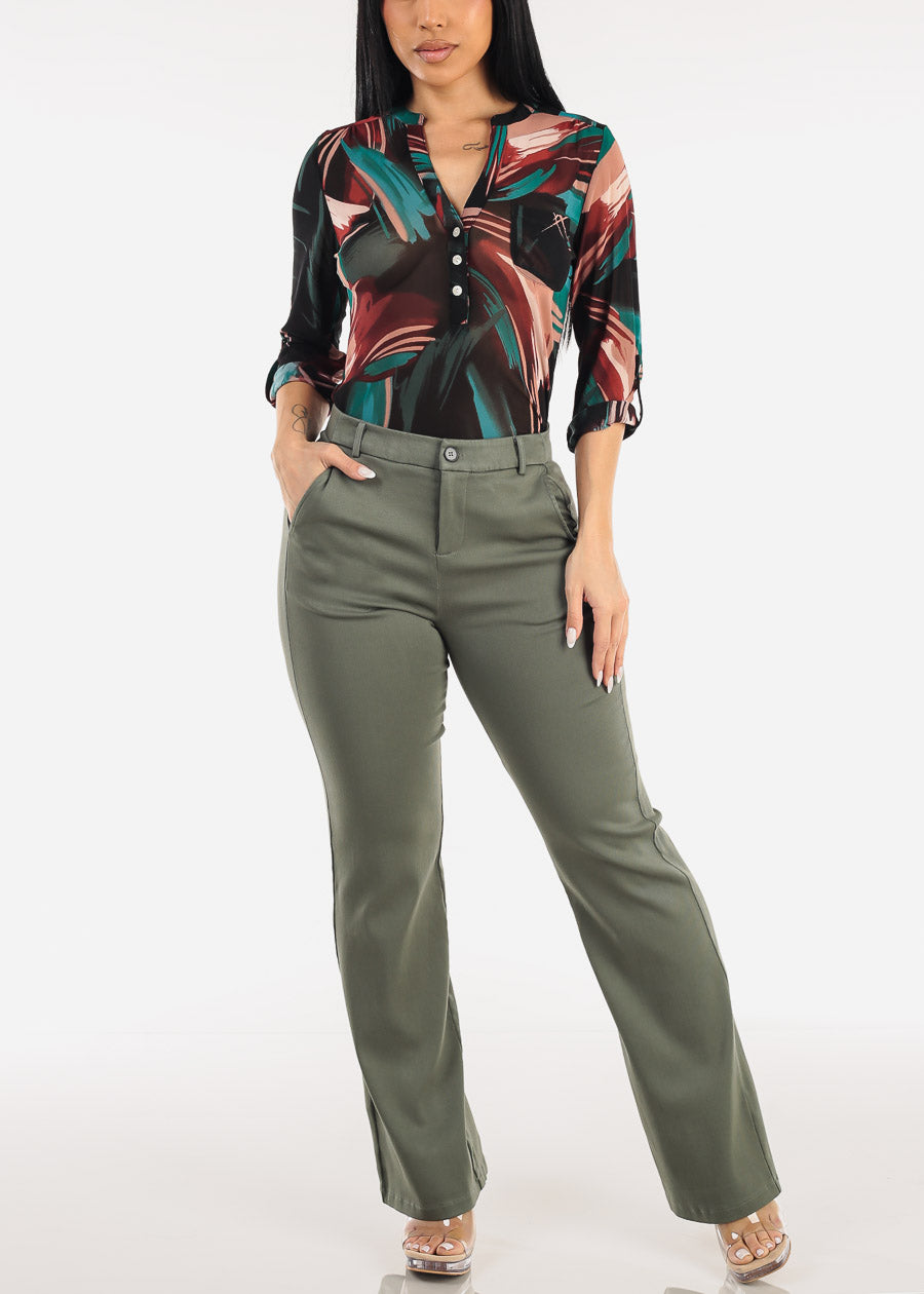 Quarter Sleeve Half Button Up Mesh Printed Blouse Black