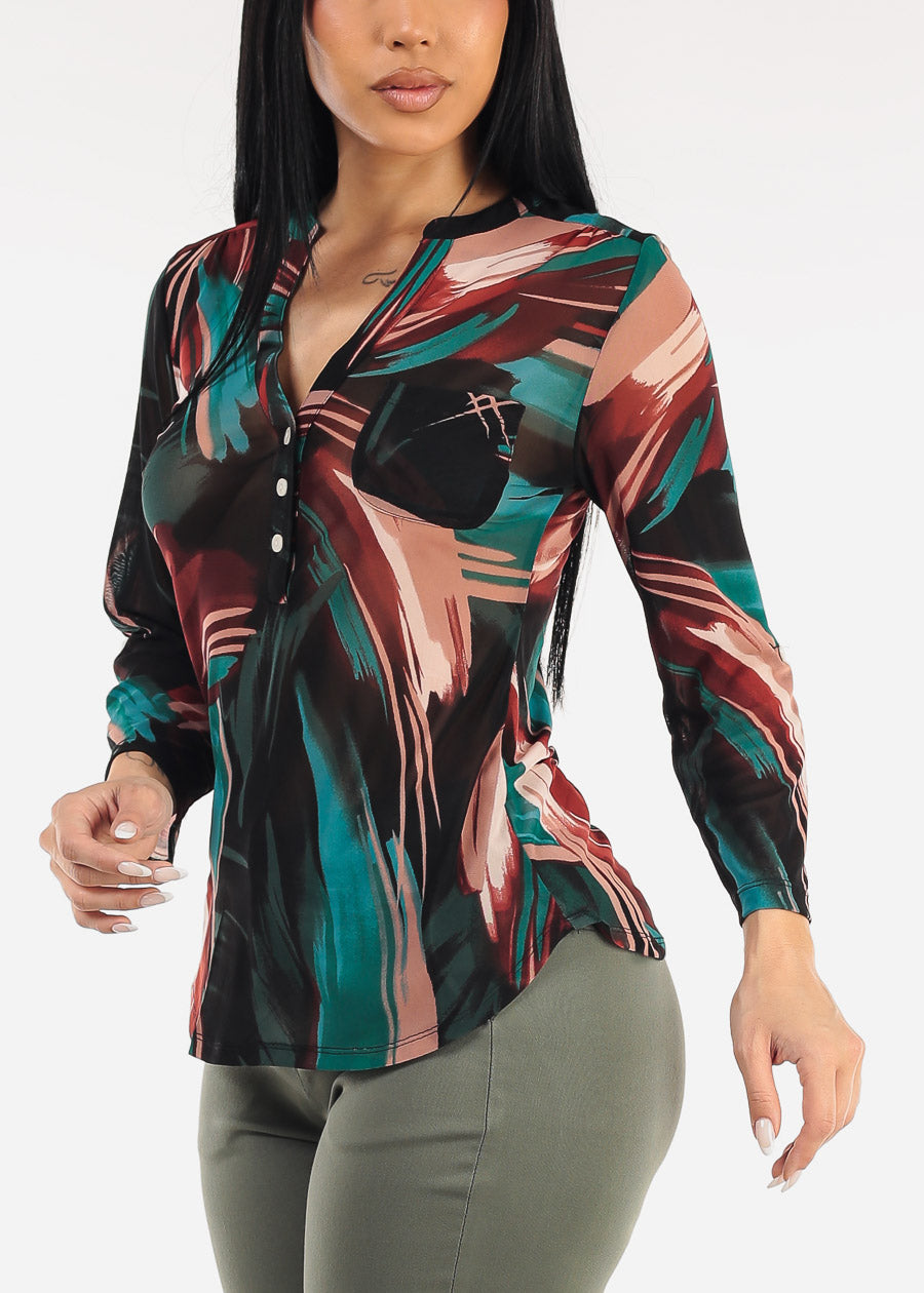 Quarter Sleeve Half Button Up Mesh Printed Blouse Black