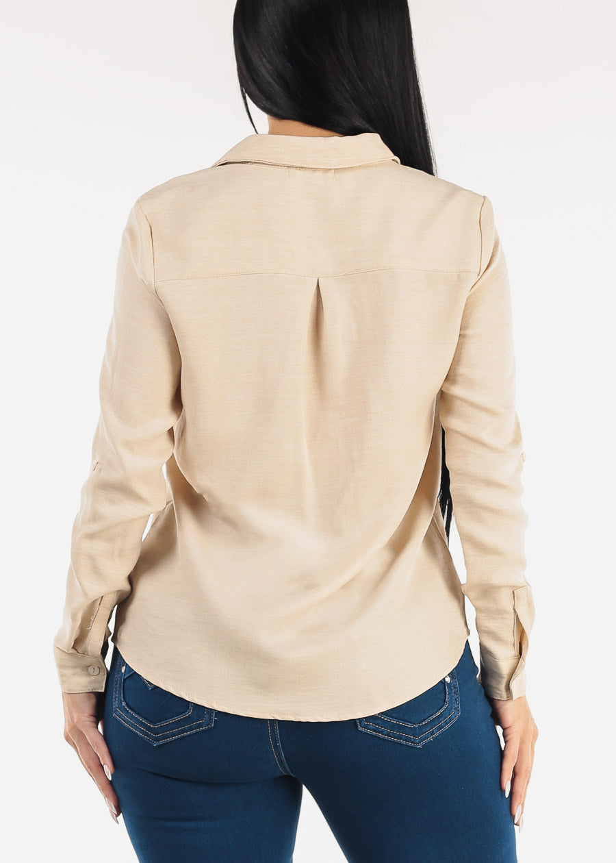 Long Sleeve Button Up Linen Collared Blouse Beige